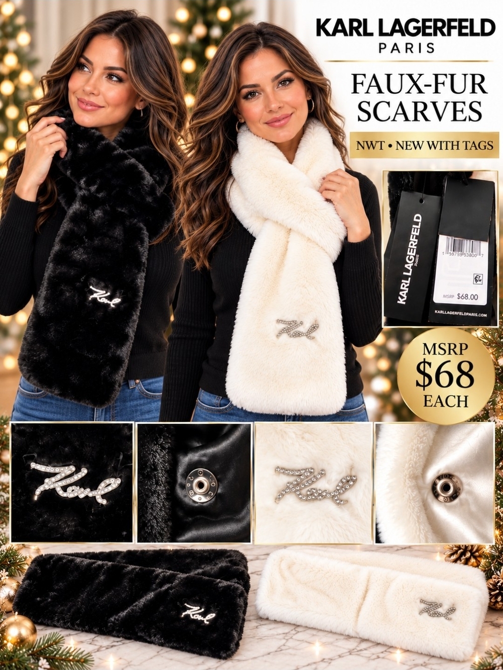 Karl Lagerfeld Black & Cream Faux-Fur Scarf Set with Logo Pin